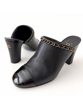 CHANEL | Cap Toe Chain Trim Mule Heels CC Logo Black Calfskin EU 37